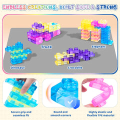 JOY SPOT! Squeezable blocks, grip-friendly, showcase elastic design for durable toddler fun.