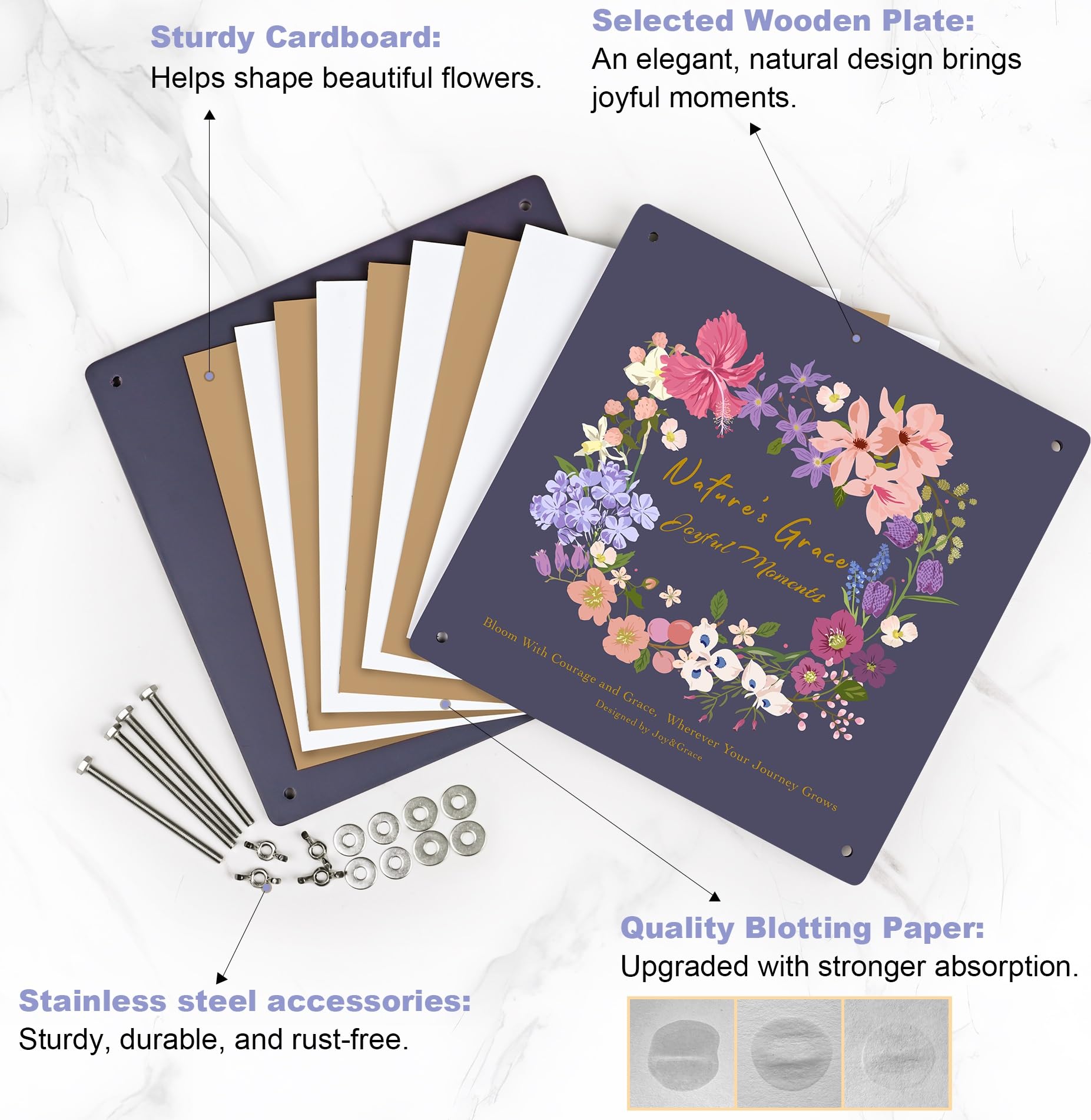 Joy&Grace blotting-paper-sheets absorb moisture quickly to protect color and detail.