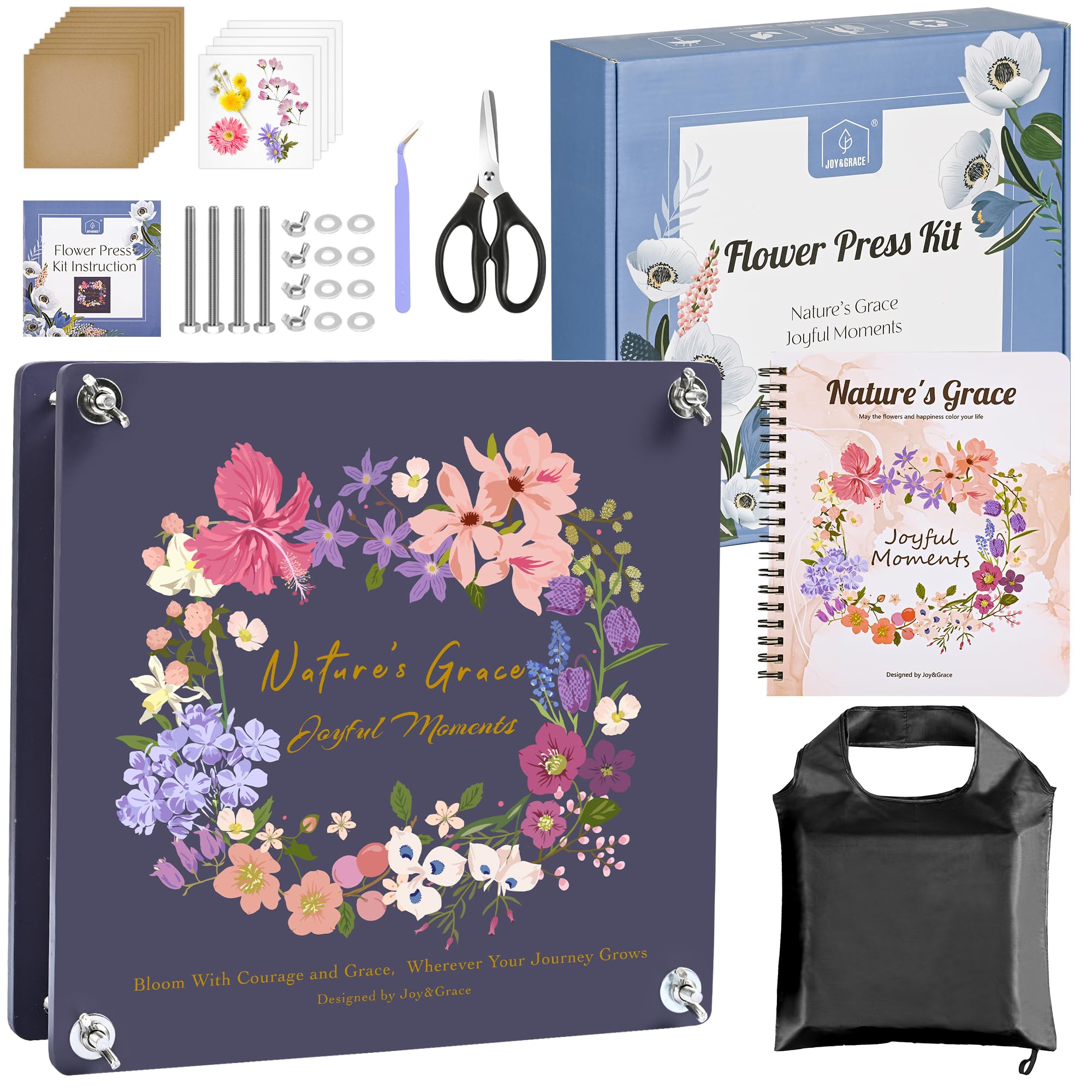 Joy&Grace embossed-cover flower press showcases an elegant design for display-ready blooms.