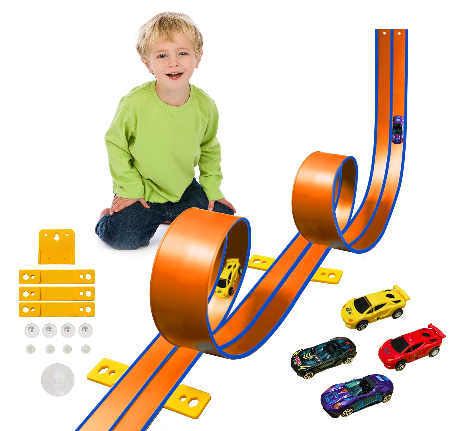 JOYANDRO 15 ft orange flexible track laid flat for quick play sessions.