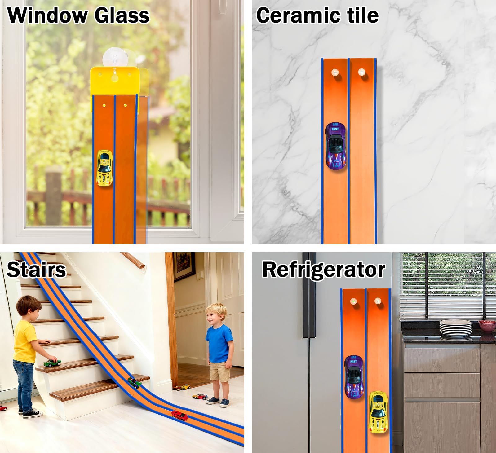 JOYANDRO suction cups secure the track to smooth surfaces during play.