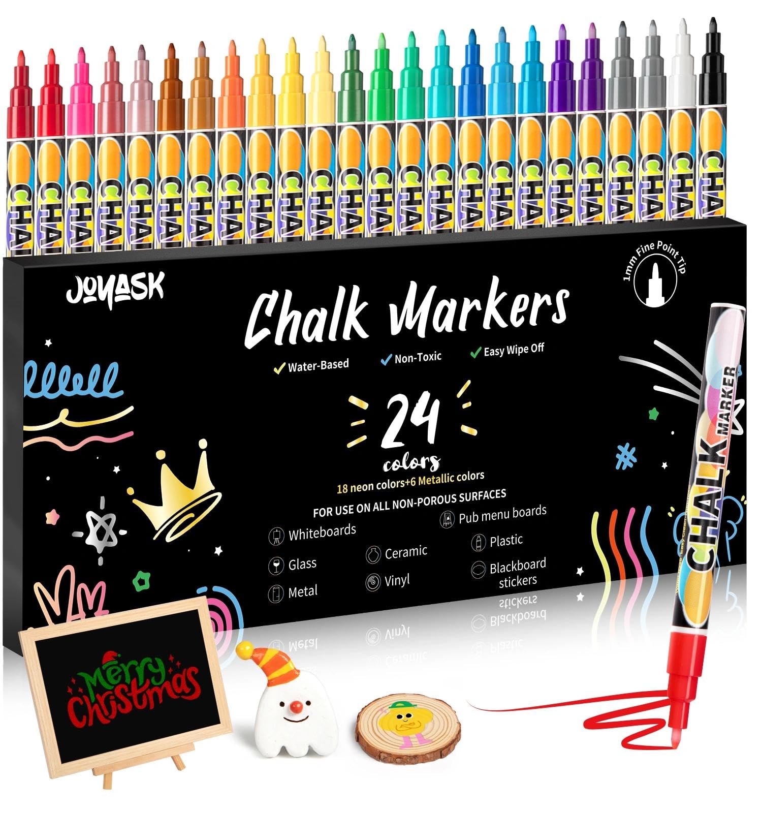 Joyask extra fine tip chalk markers pack on blackboard for bold writing.