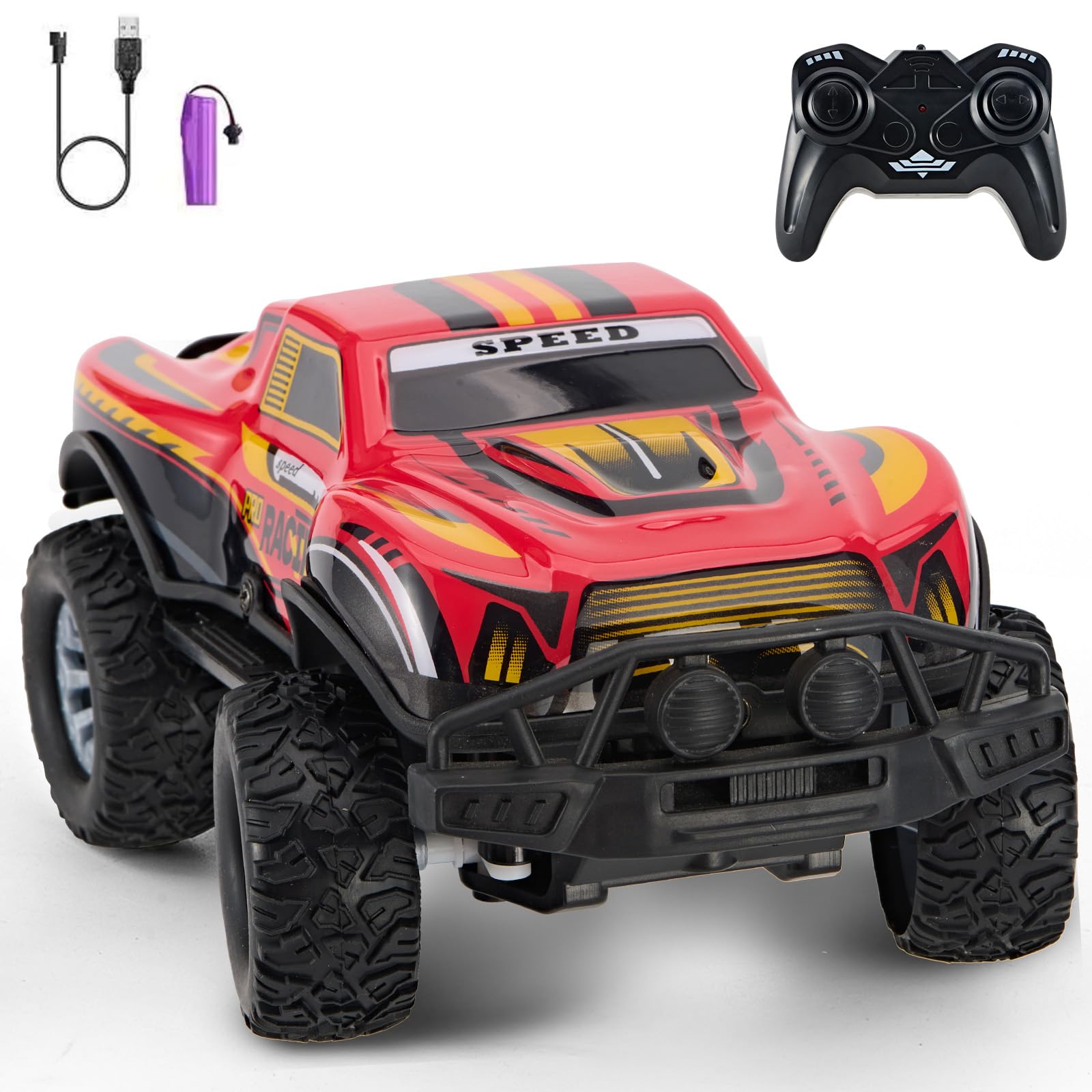 JOYBLI remote control off-road truck red front view with LED headlights.