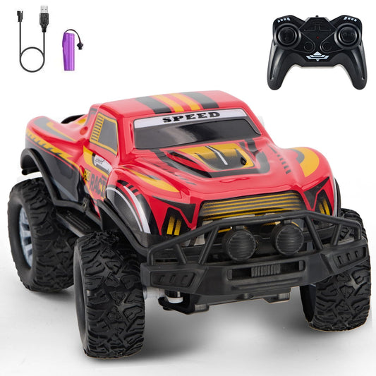 JOYBLI remote control off-road truck red front view with LED headlights.