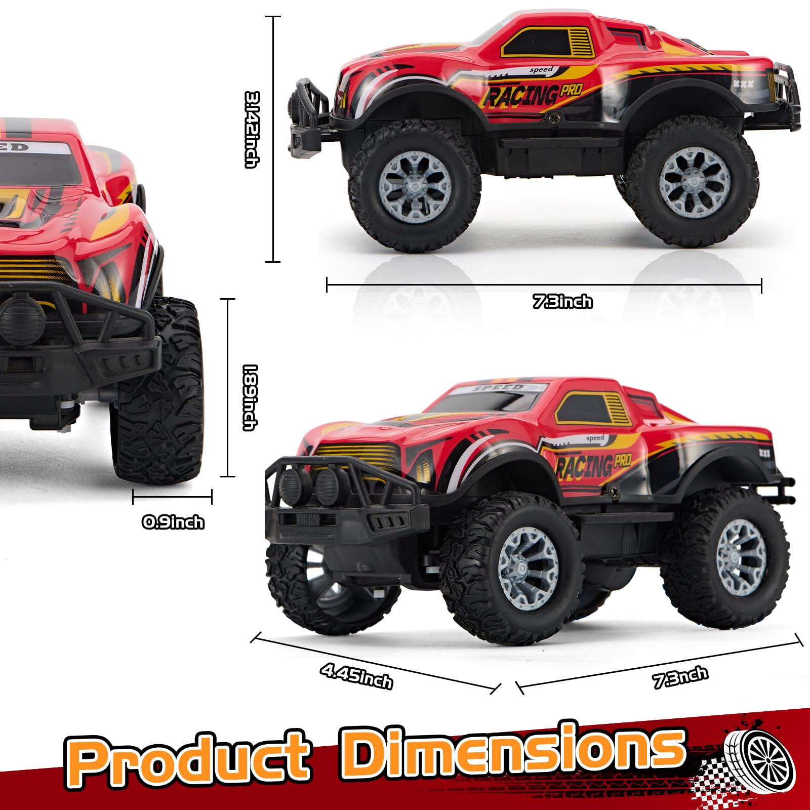 JOYBLI RC truck red side view showing rugged tires for terrain.
