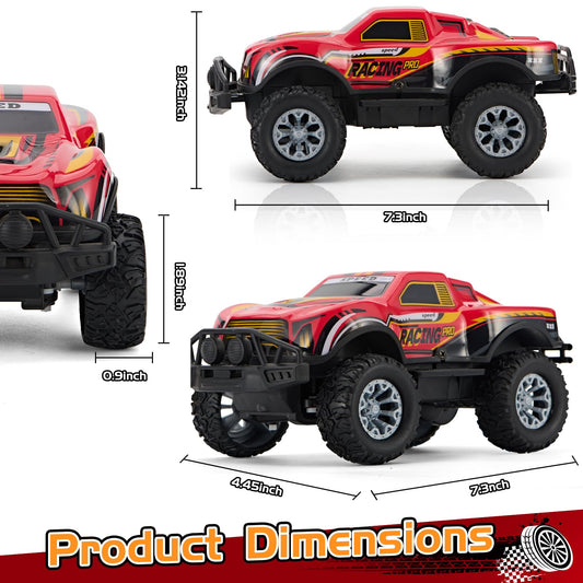 JOYBLI RC truck red side view showing rugged tires for terrain.
