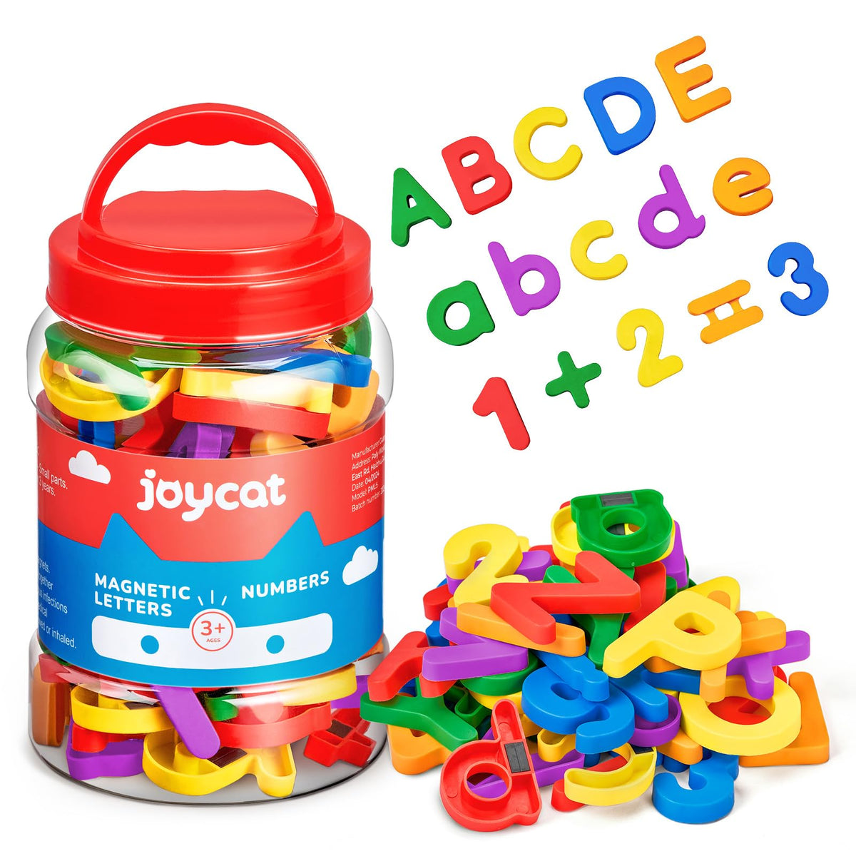 JoyCat 104 piece magnetic letters and numbers in a bucket for organized learning on the go.