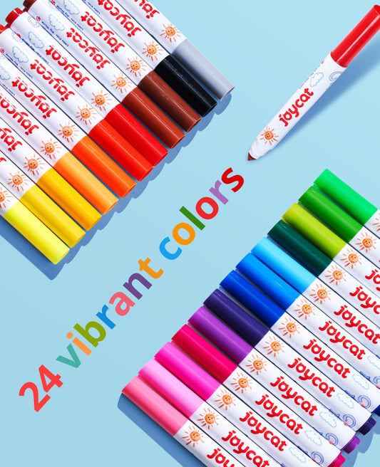 JoyCat 24-color washable markers show vibrant tones for creative projects.