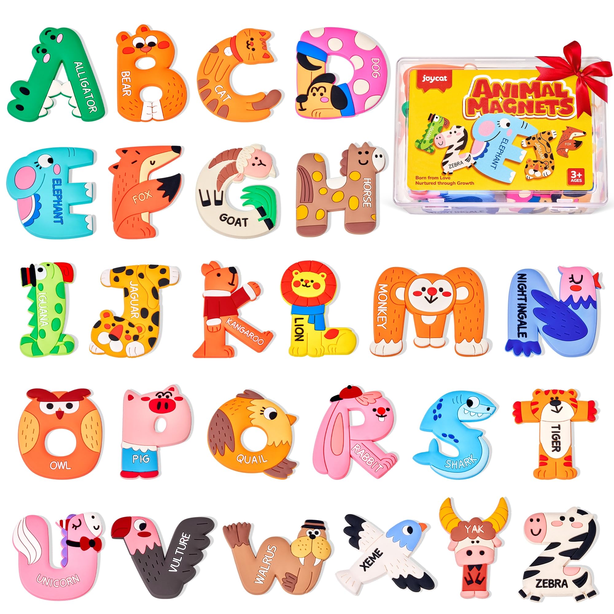 JoyCat alphabet magnets with animal designs for fridge play and letter recognition