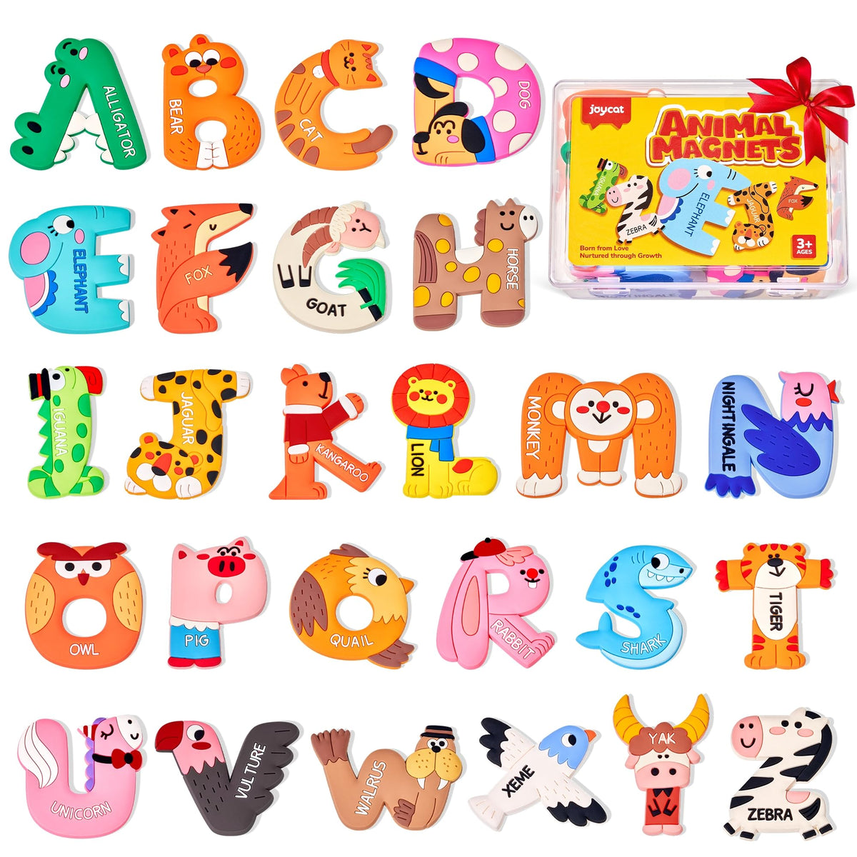 JoyCat alphabet magnets with animal designs for fridge play and letter recognition