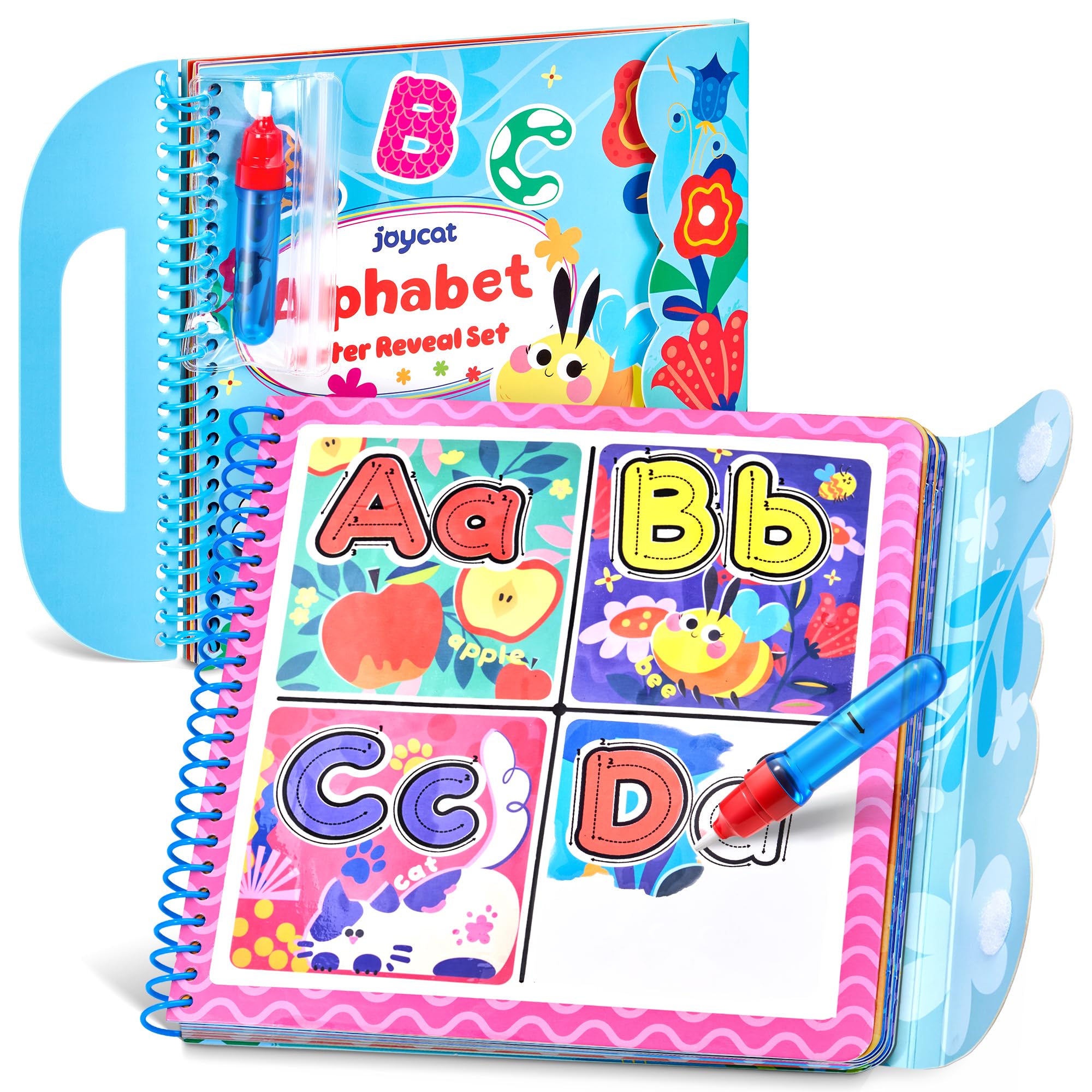 JoyCat alphabet water coloring book cover for toddlers, promoting screen-free exploration.