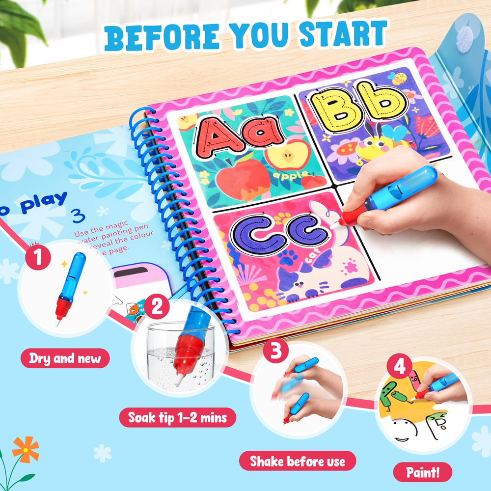 JoyCat alphabet water coloring book pages with large tracing areas for letters.