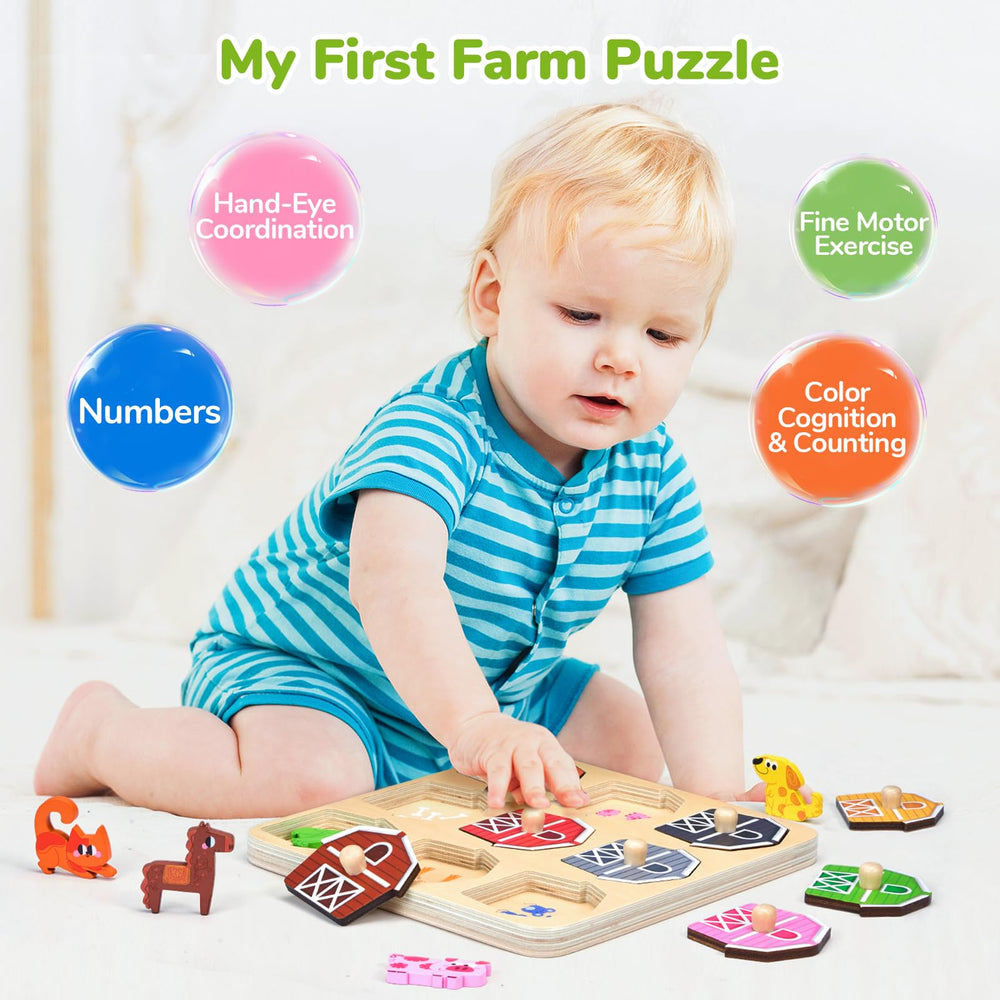 JoyCat barn knob pieces help toddlers lift and identify animals.