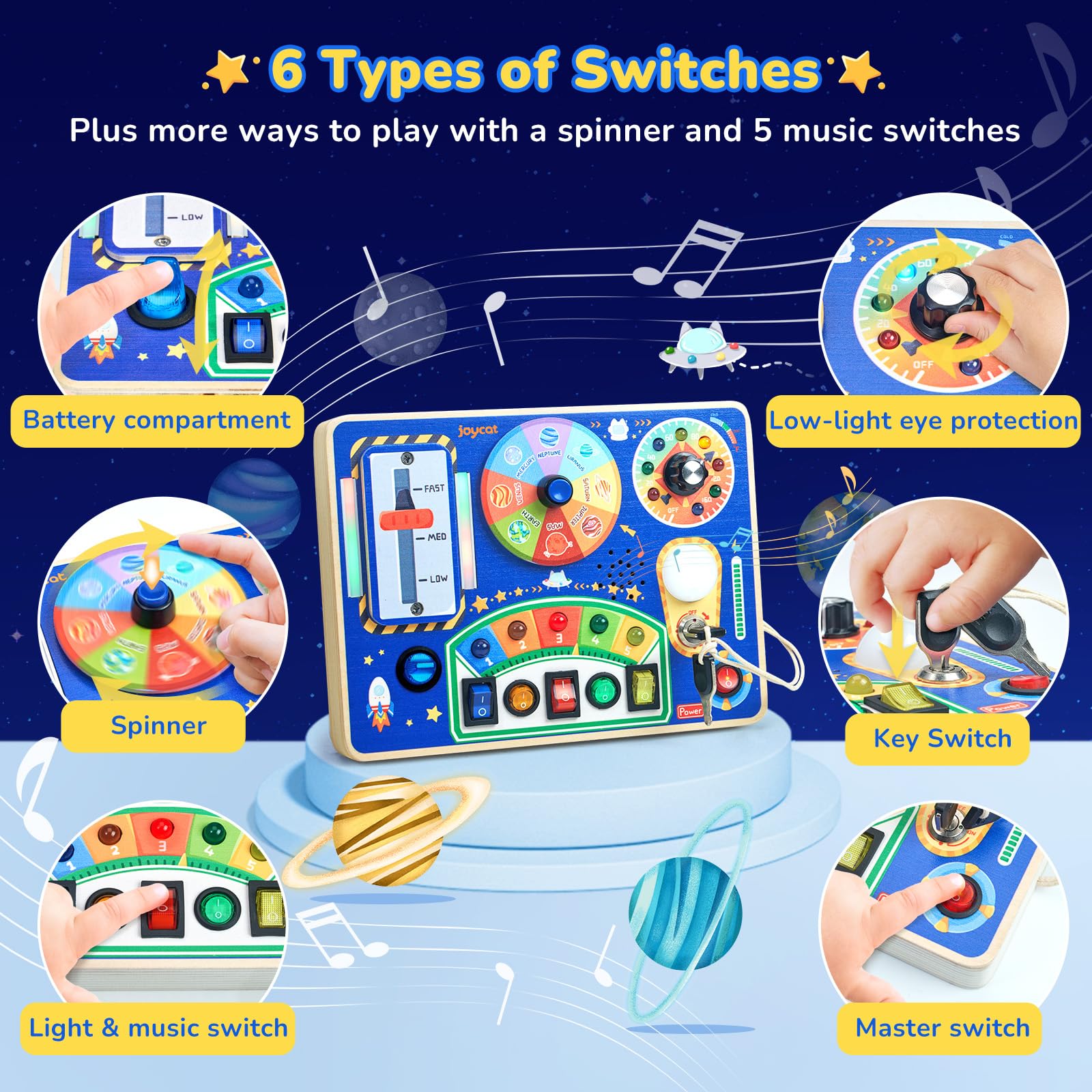 JoyCat Busy Board bright LED lights provide engaging sensory cues.
