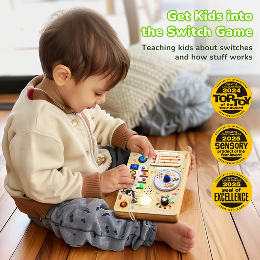 JoyCat Busy Board LED lights for engaging visual feedback during play.