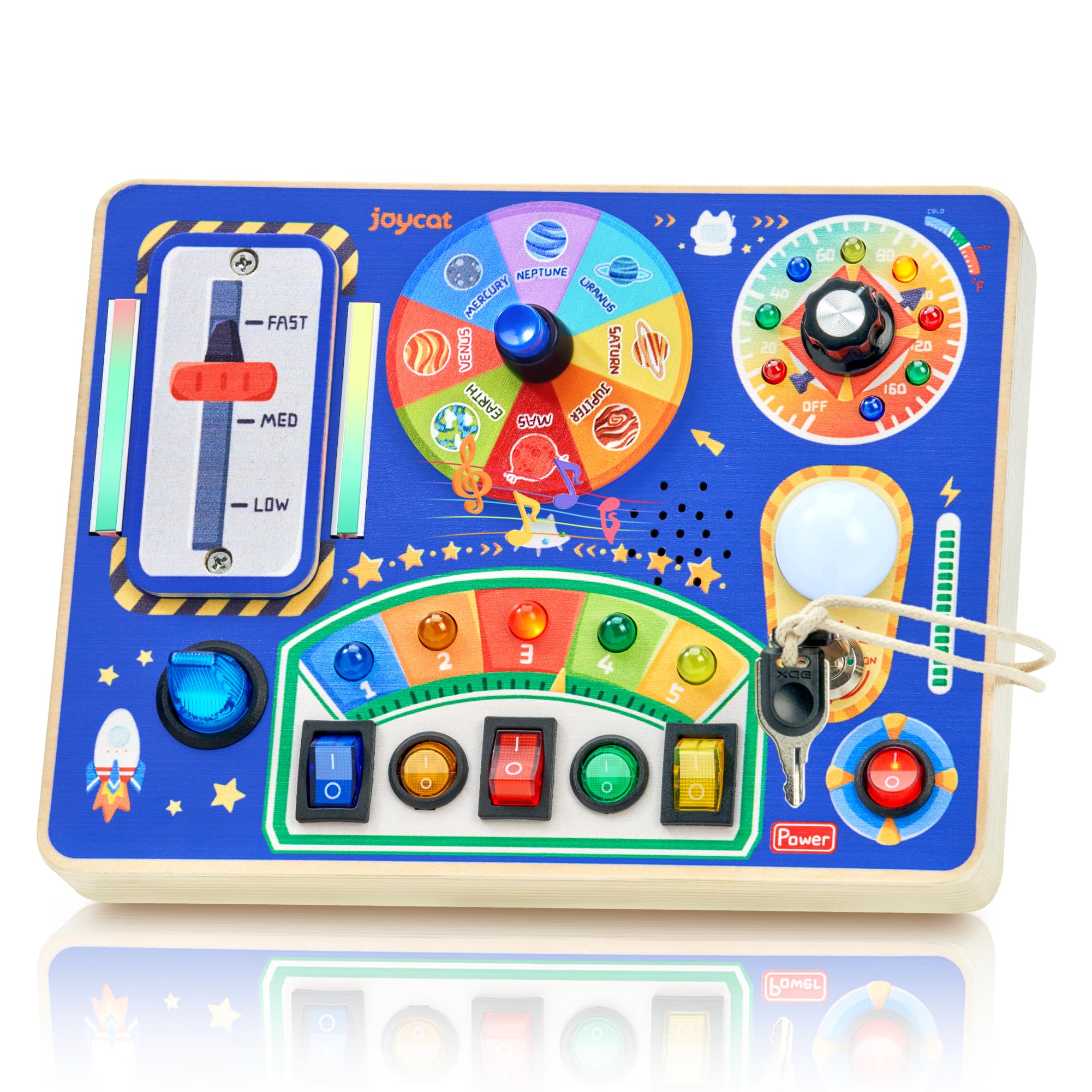 JoyCat Busy Board LED switches support tactile and visual learning.