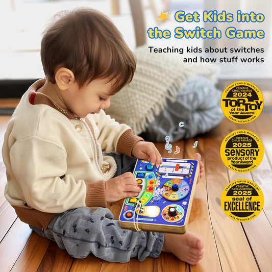 JoyCat Busy Board spin dial encourages fine motor control during playtime.