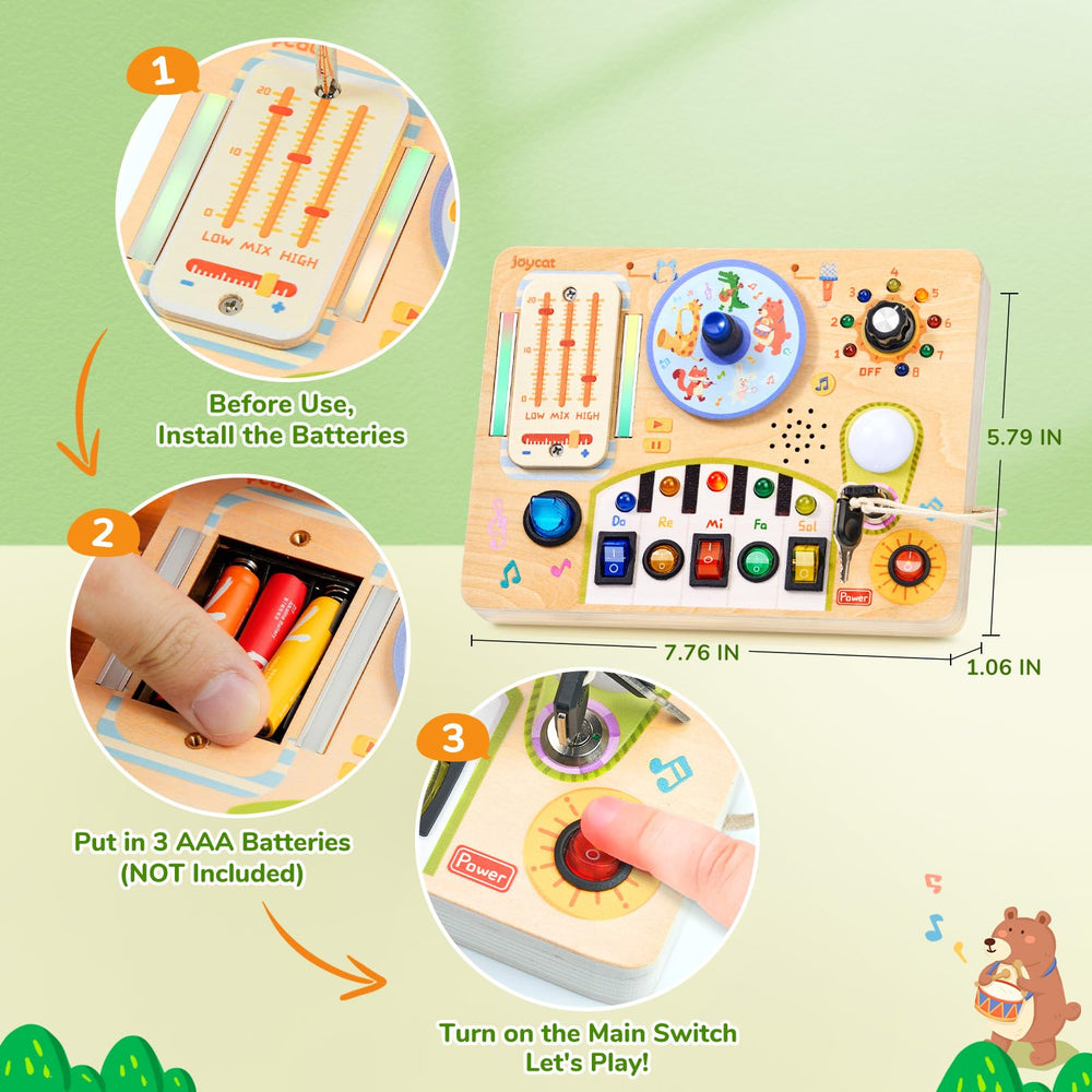 JoyCat Busy Board wooden switches invite safe, hands-on learning.