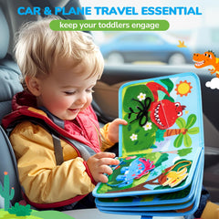 JoyCat dinosaur busy book showing lacing and shoe-tying activities