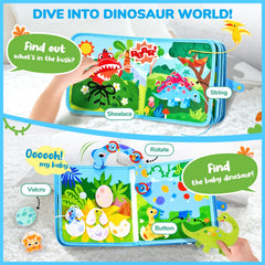 JoyCat dinosaur busy book open pages inviting hands-on exploration to build focus