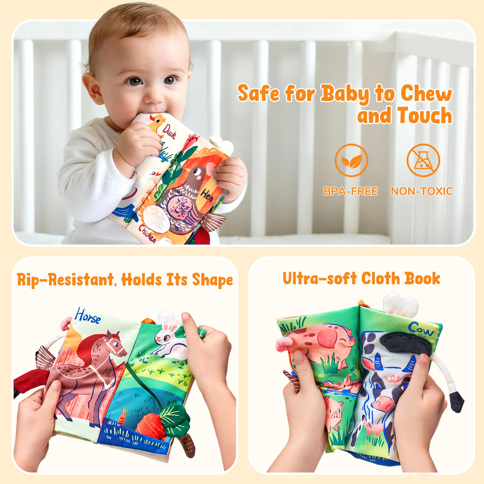 JoyCat Farm Baby Book crinkle pages invite curious hands and auditory feedback.