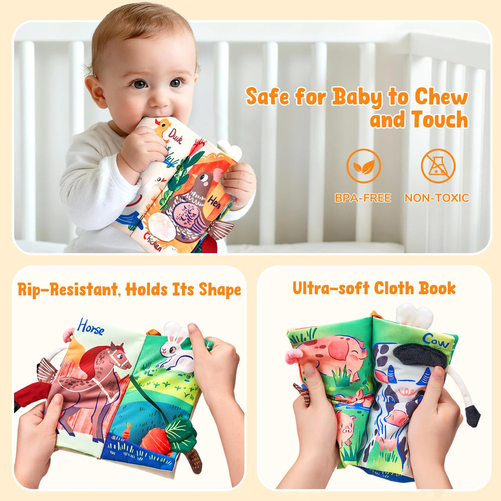 JoyCat Farm Baby Book crinkle pages invite curious hands and auditory feedback.