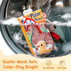 JoyCat Farm Baby Book stroller strap keeps toys handy on outings.