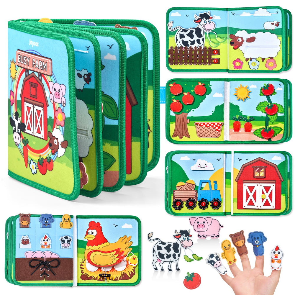 JoyCat Farm Busy Book cover shows colorful farm art and durable felt for toddlers