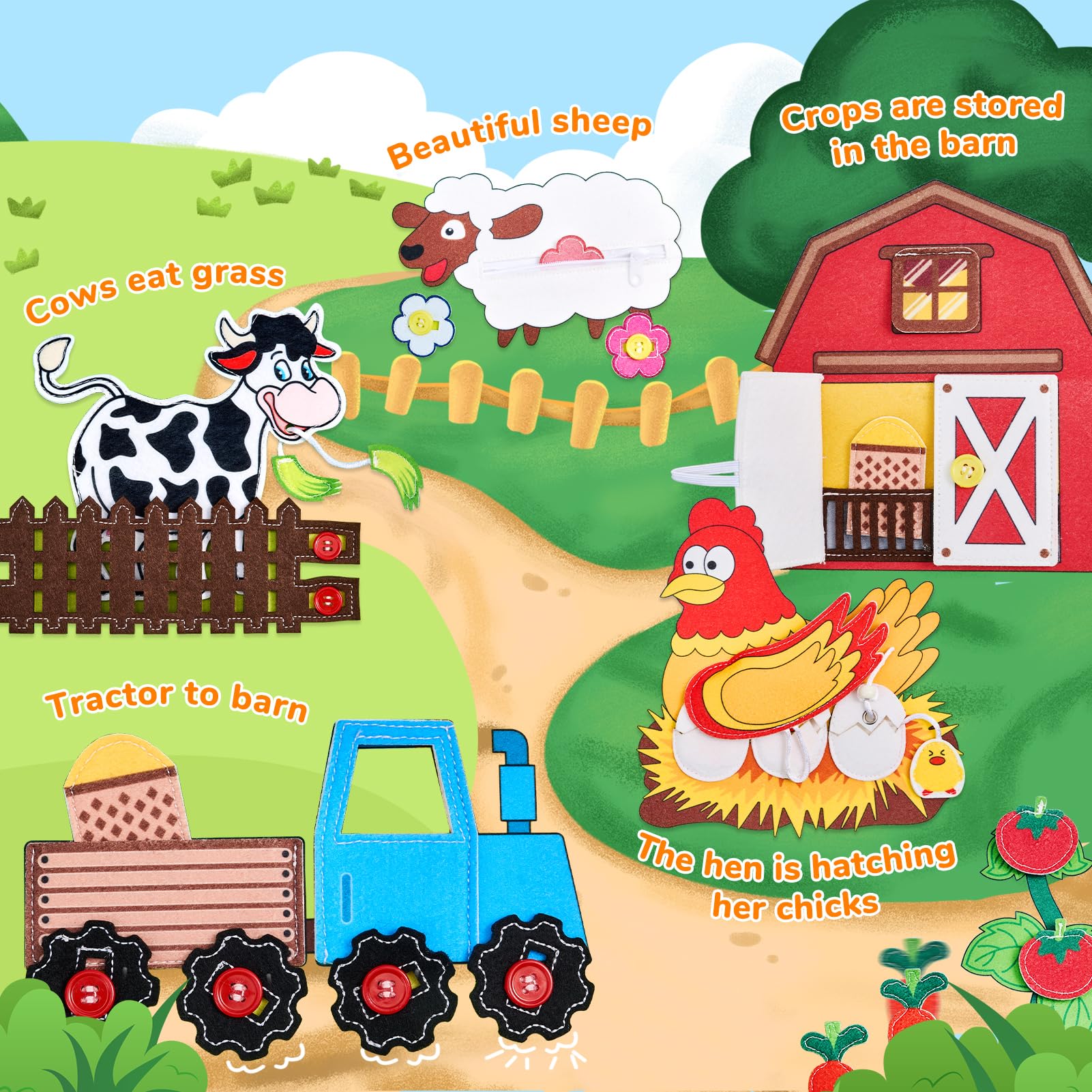 JoyCat Farm Busy Book farm-scene-storybook introduces farm life with finger puppets