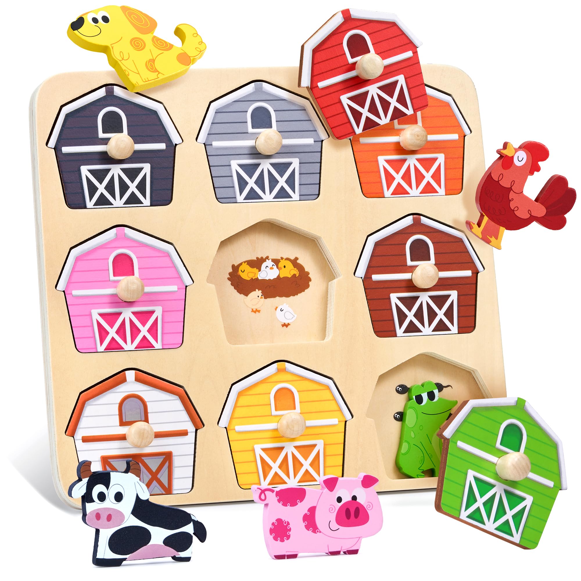 JoyCat farm puzzle board with nine animals aids color matching and fine motor skills.