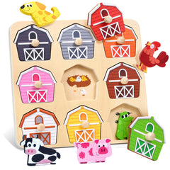 JoyCat farm puzzle board with nine animals aids color matching and fine motor skills.