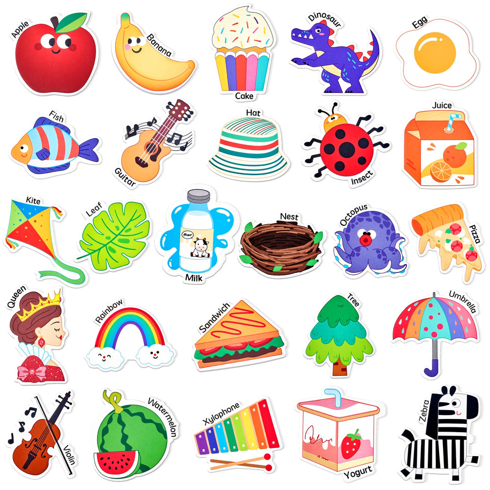 JoyCat 26-object fridge magnets displayed on a fridge to foster early vocabulary.