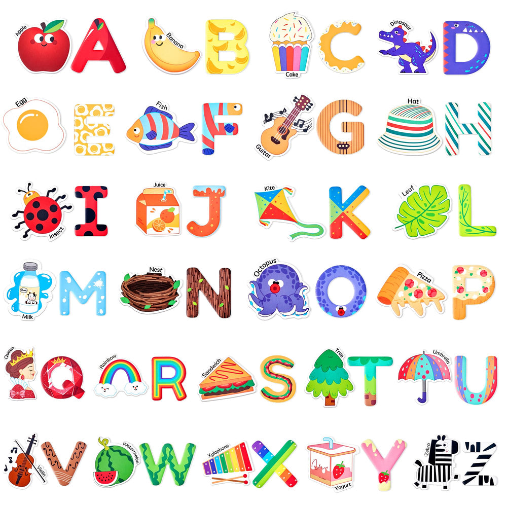 JoyCat fridge magnets with 26 objects and letters for early literacy on the fridge