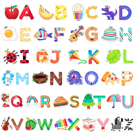 JoyCat fridge magnets with 26 objects and letters for early literacy on the fridge