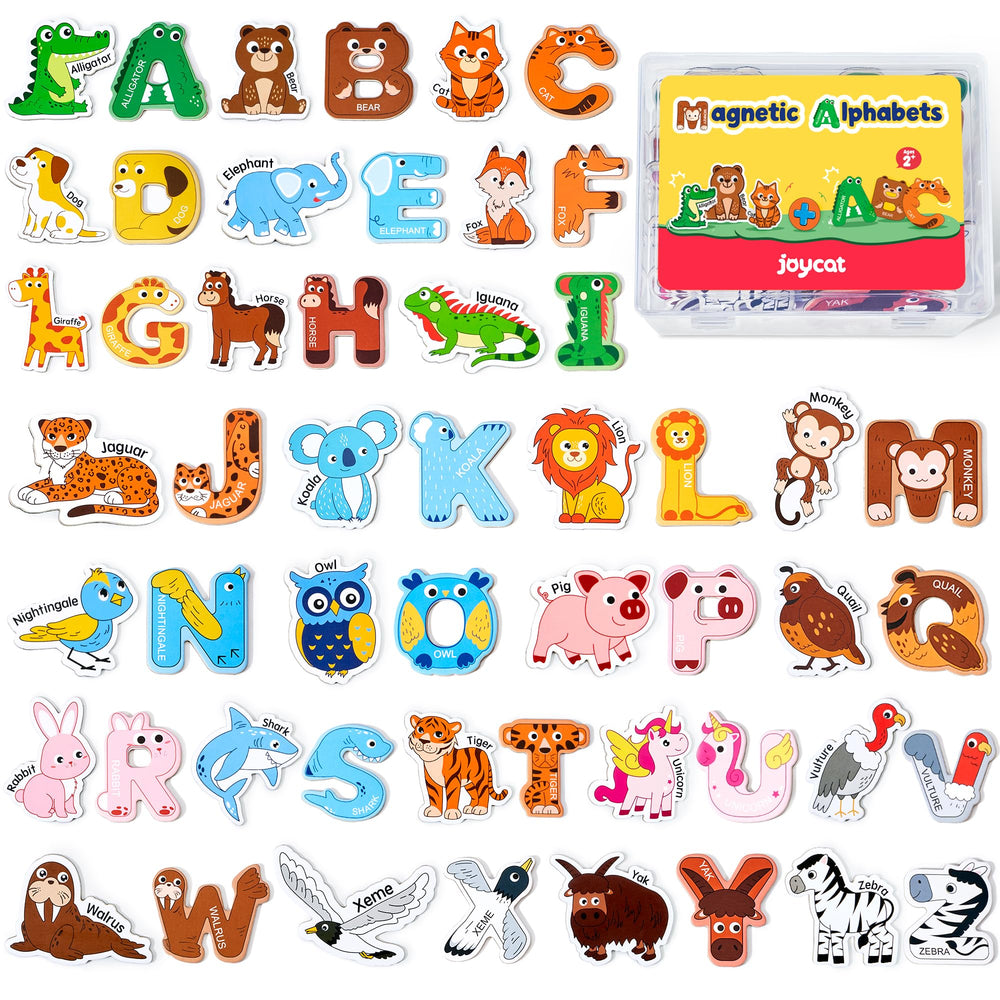 JoyCat fridge magnets featuring animals and letters for playful learning