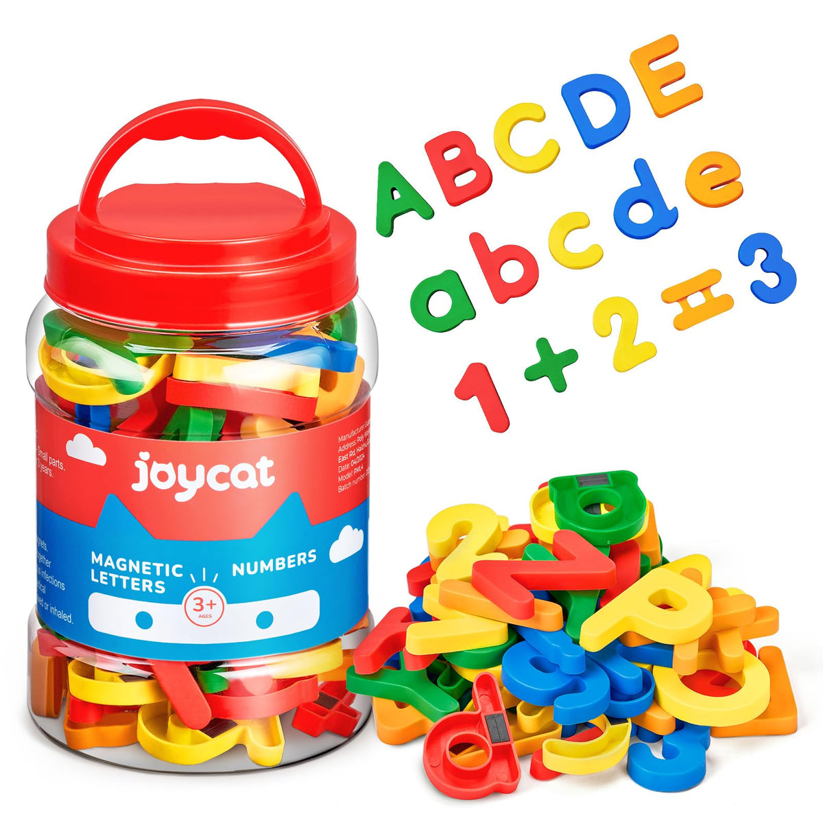 JoyCat fridge magnets with colorful letters and numbers for hands-on learning.