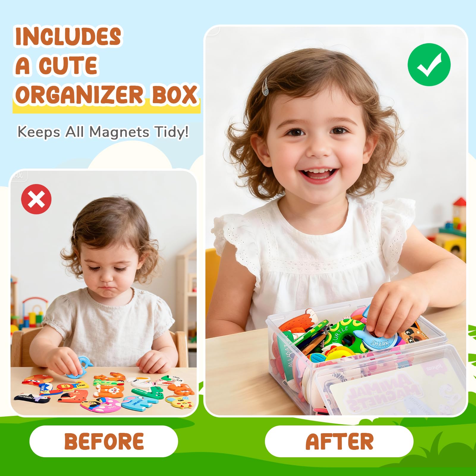 JoyCat magnets are easy for little fingers to pick up and arrange.