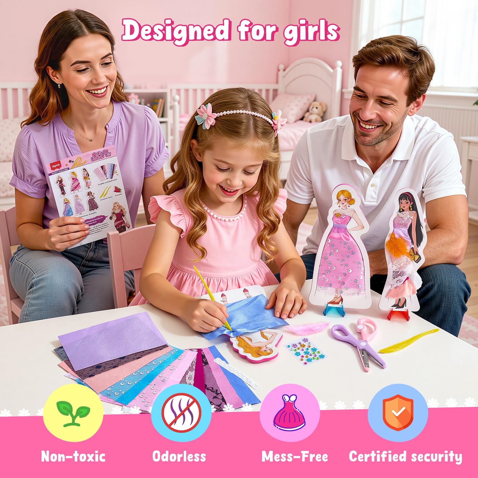 JoyCat kid-friendly dress-up activity promotes imaginative play and fine motor growth.