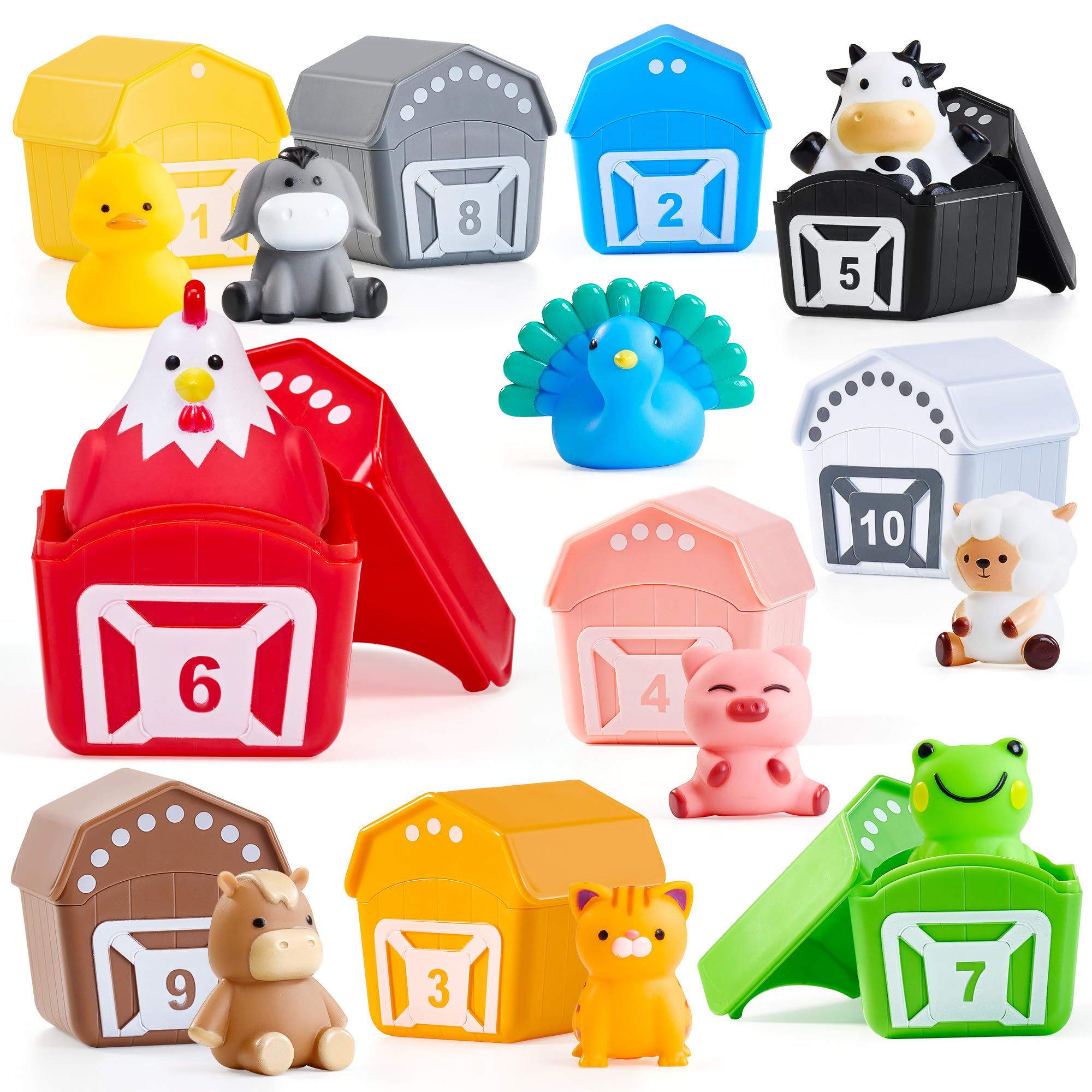 JoyCat Farm Animals Box barns — colorful counting activity for toddlers.