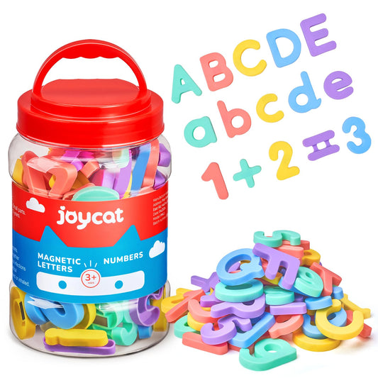 JoyCat magnetic letters and numbers in a bright bucket for easy storage and play.