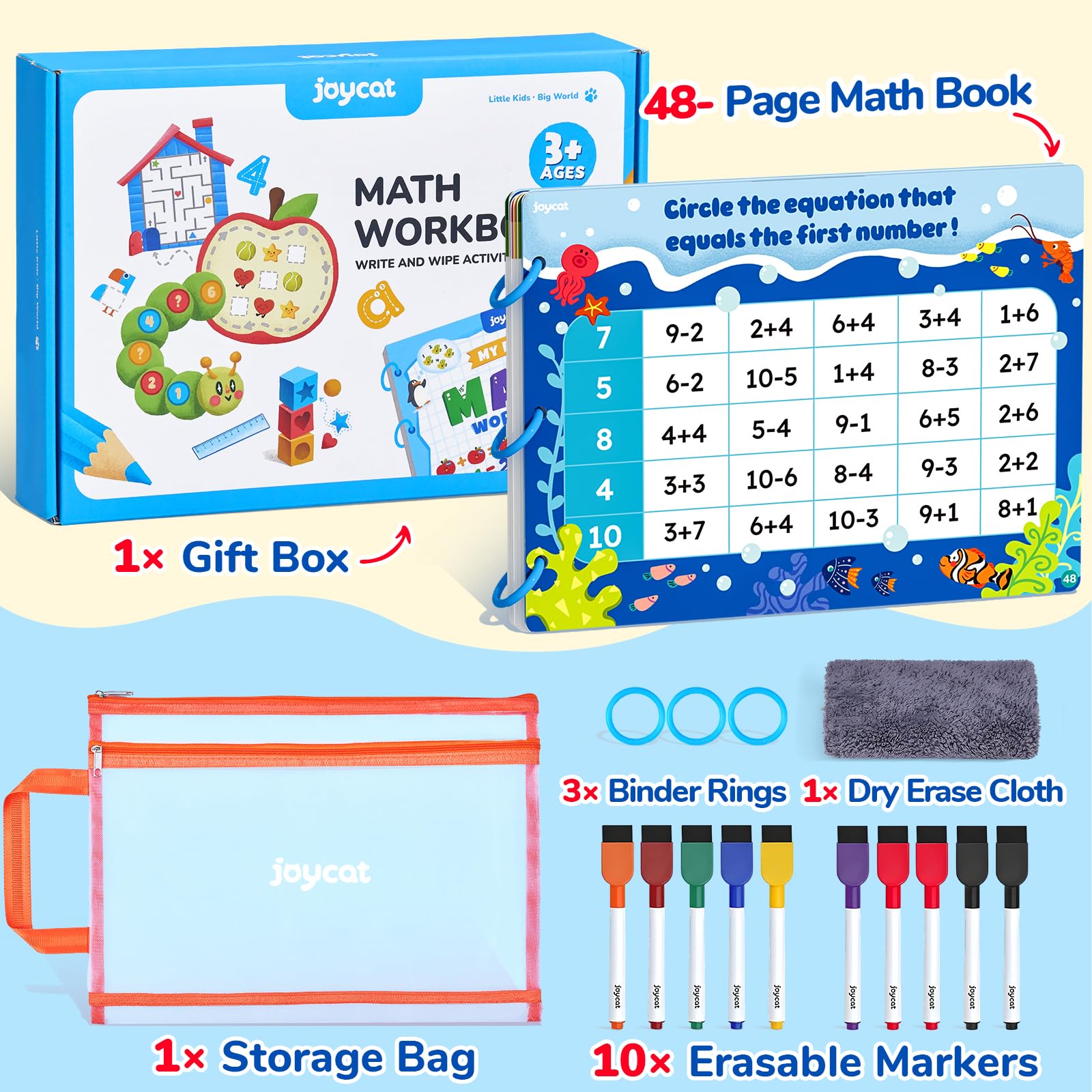 JoyCat Math Game Book interior pages with tracing and counting activities for kids