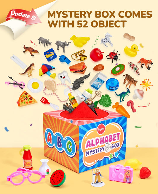 JoyCat Mystery Alphabet Box opened reveals 52 letter miniatures for practice.