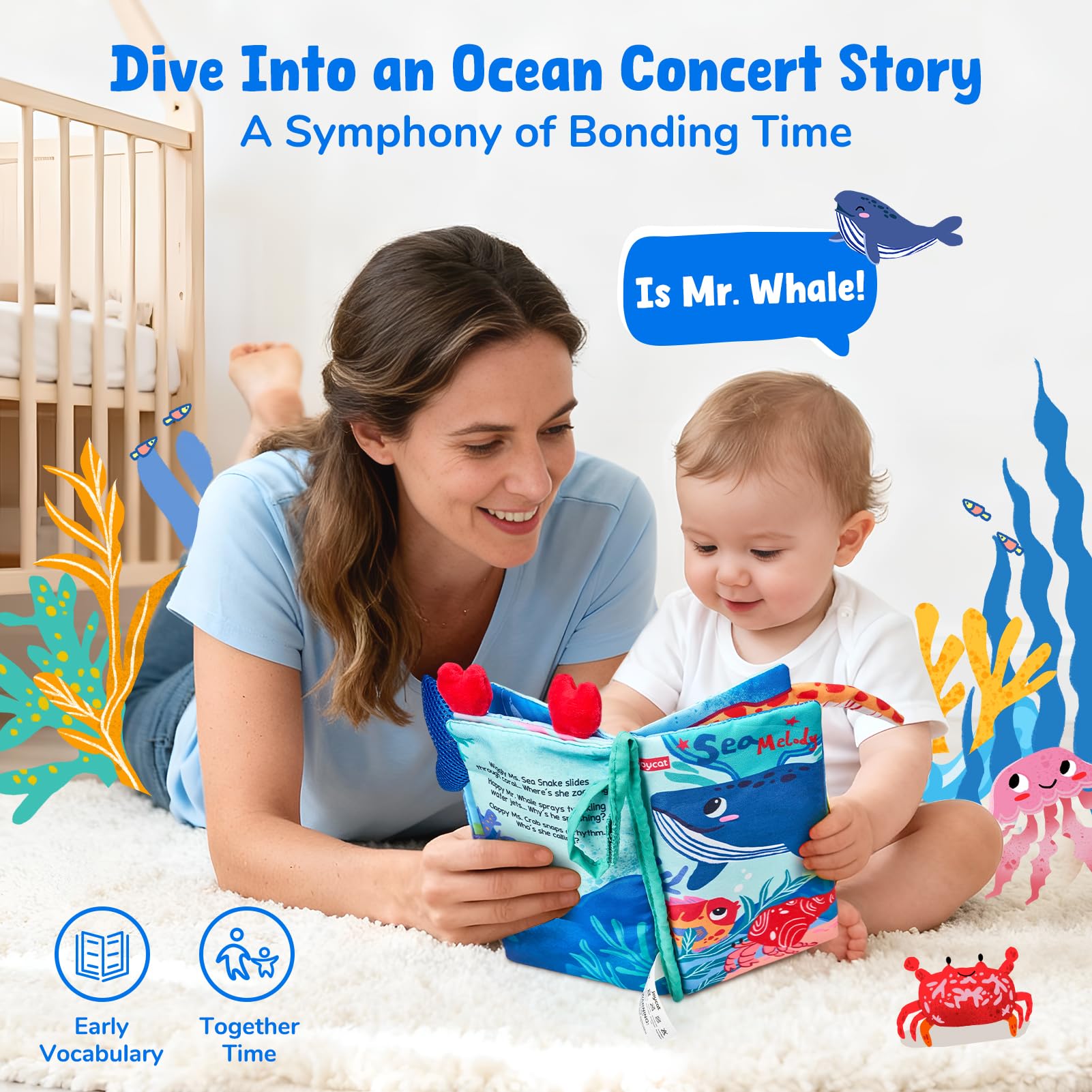 JoyCat Ocean Baby Cloth Book tummy-time textures invite curious fingers and mindful play