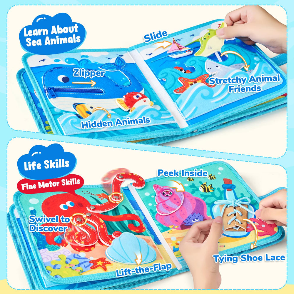 JoyCat Ocean Busy Book bead-threading page for tactile focus and precision