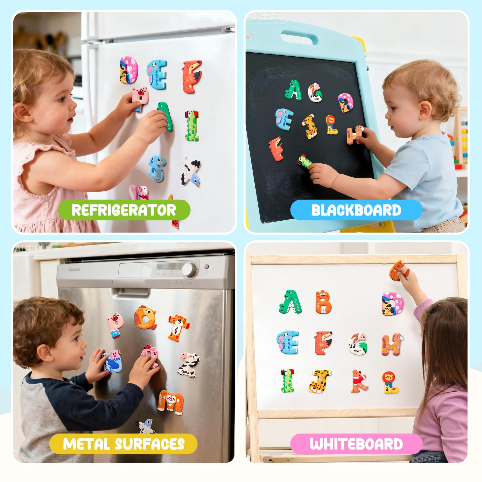 JoyCat magnets suited for home or classroom use to promote early literacy