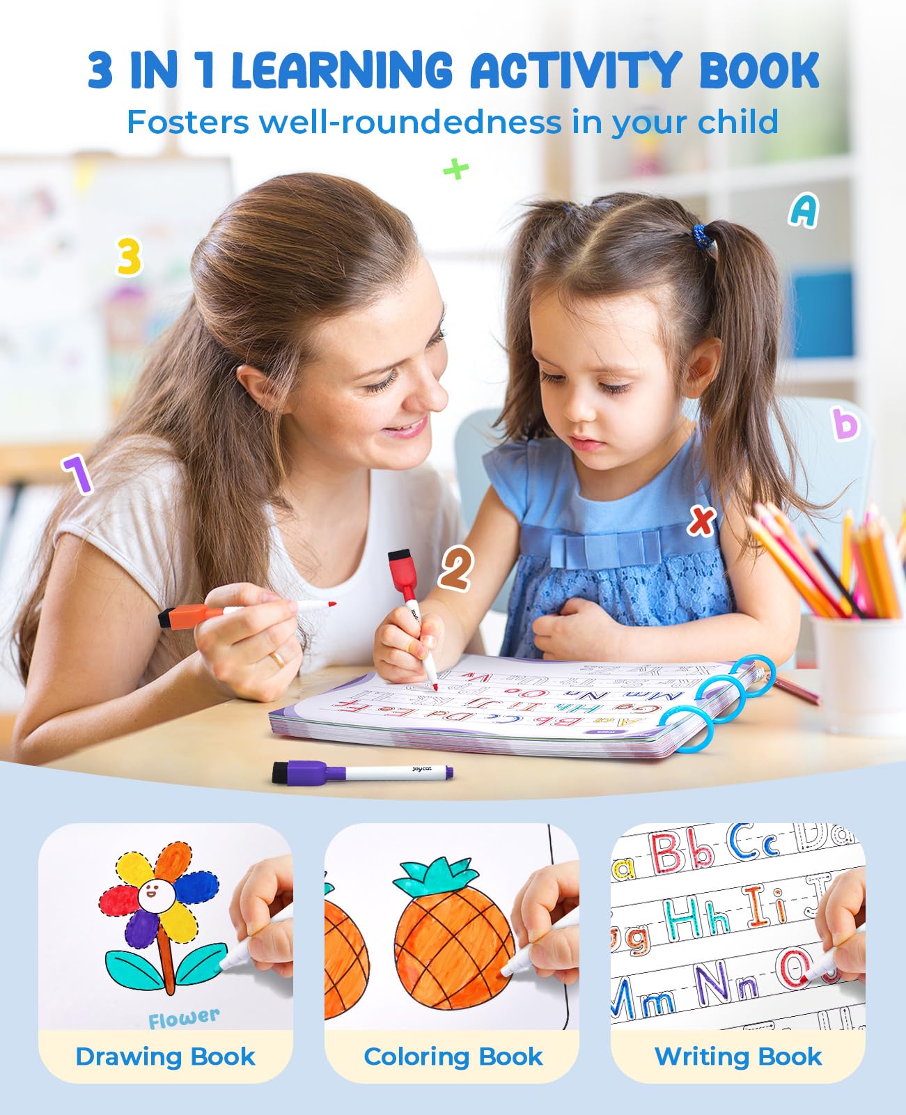 JoyCat dry-erase markers close-up, reusable writing tools.