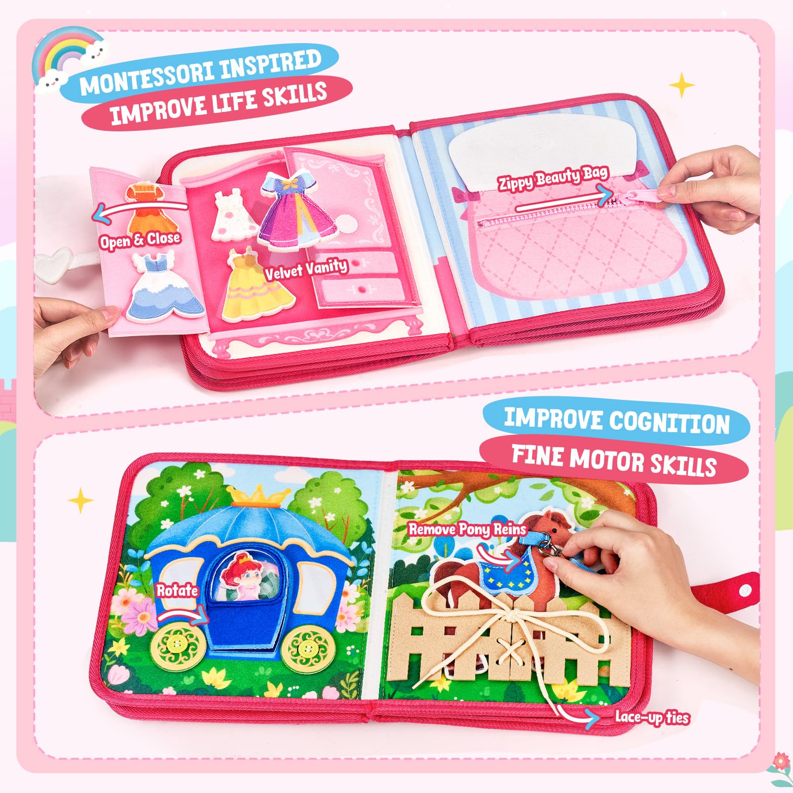 JoyCat Princess Busy Book buttoning activity supports toddler hand coordination.