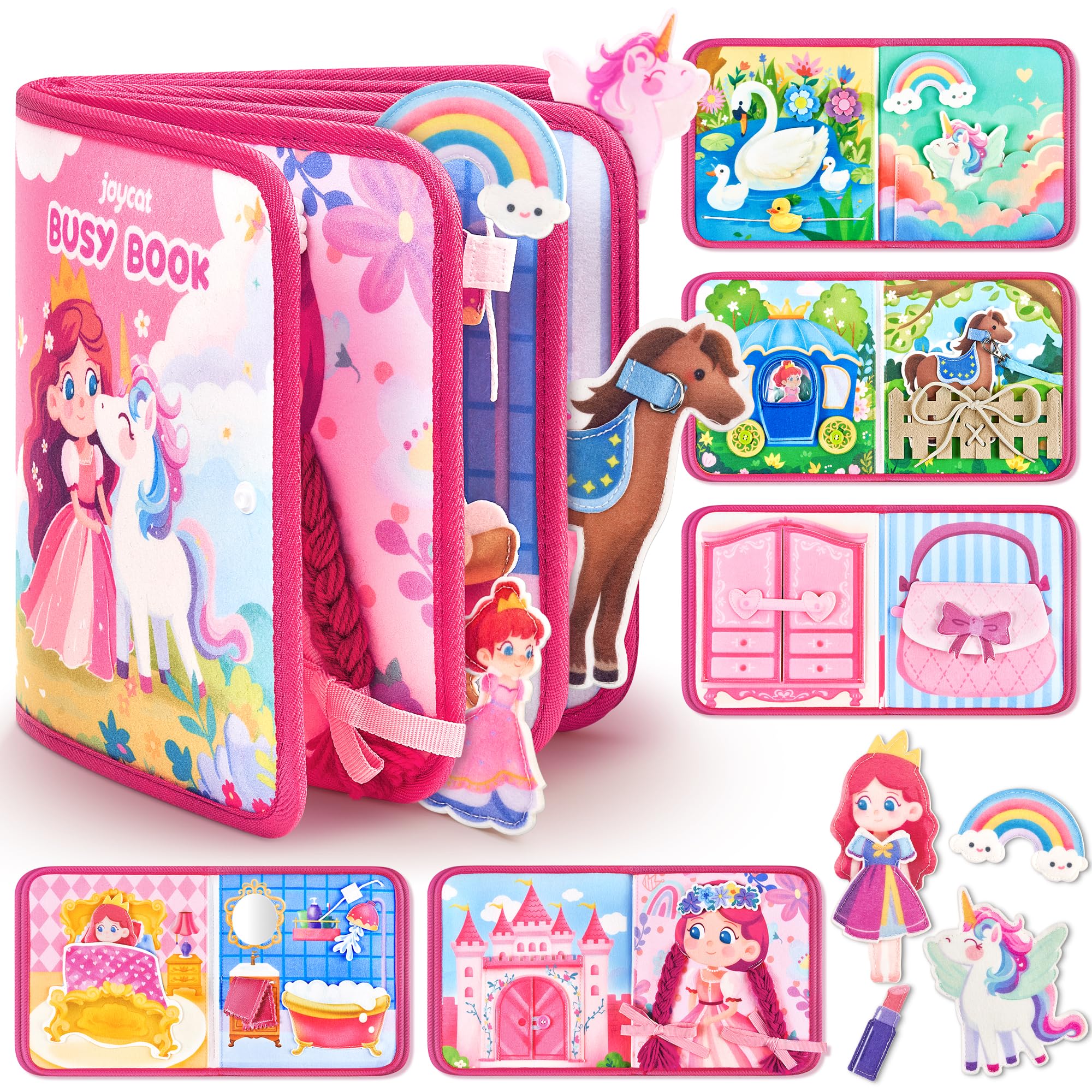 JoyCat Princess Busy Book dress-up page promotes imaginative pretend play during travel.