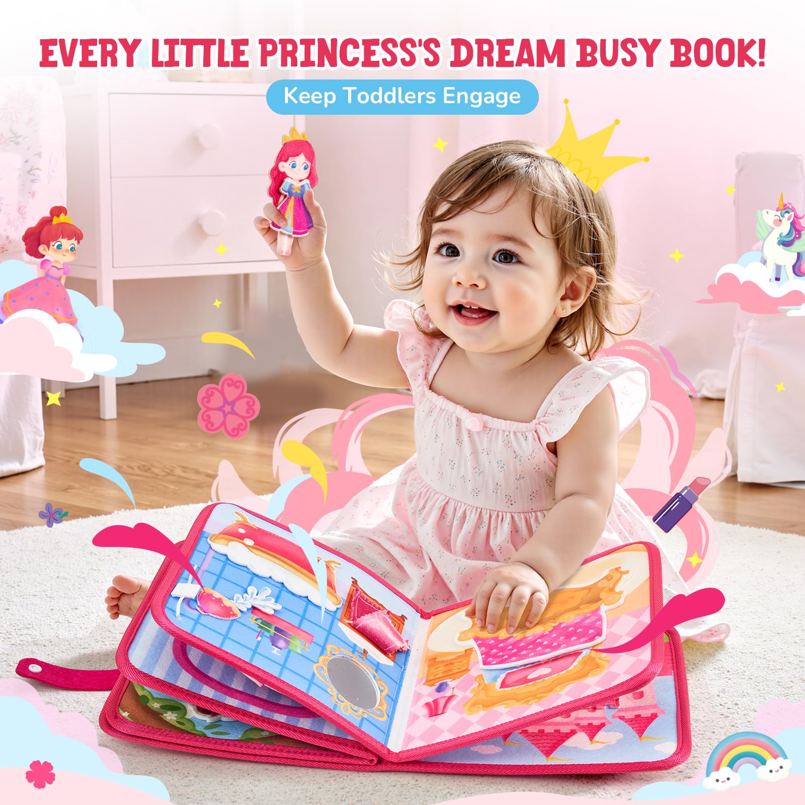 JoyCat Princess Busy Book snap learning page promotes practical life skills.