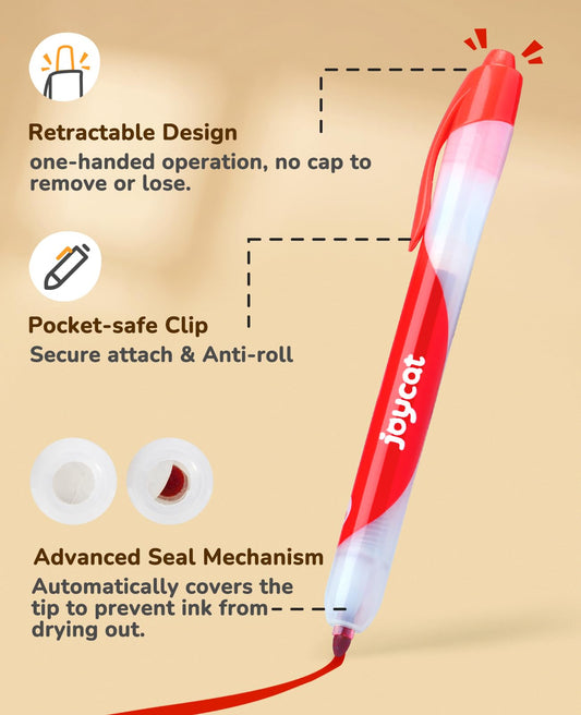 JoyCat retractable-tip design prevents tip exposure and cap loss.